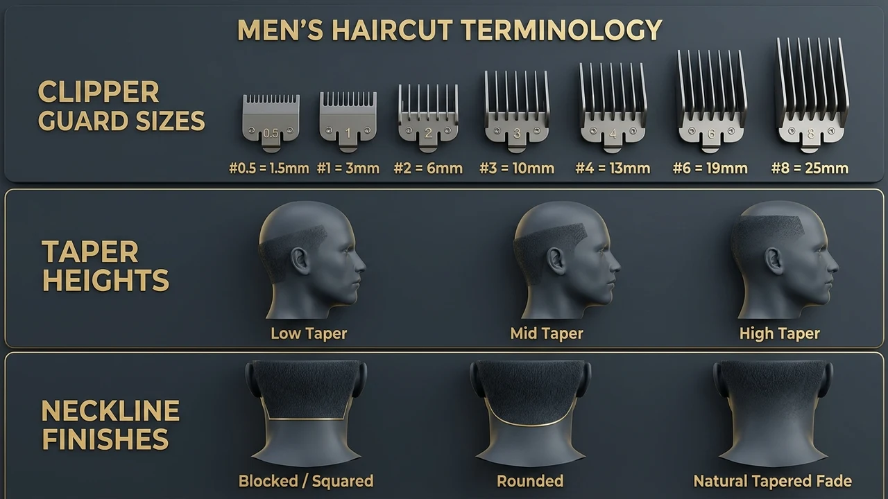 3D educational infographic guide comparing barber clipper guard sizes taper heights and neckline finishes
