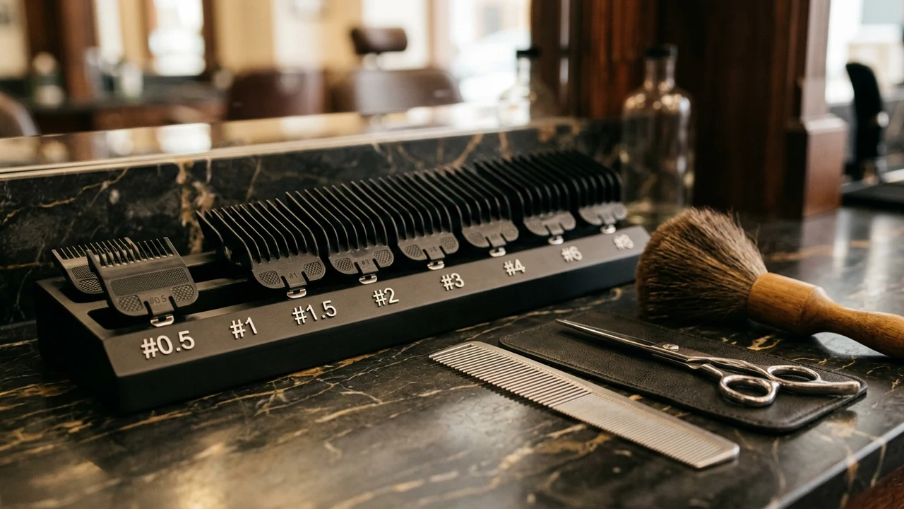 Barber workstation marble counter with sequential clipper guards taper comb and cutting shears