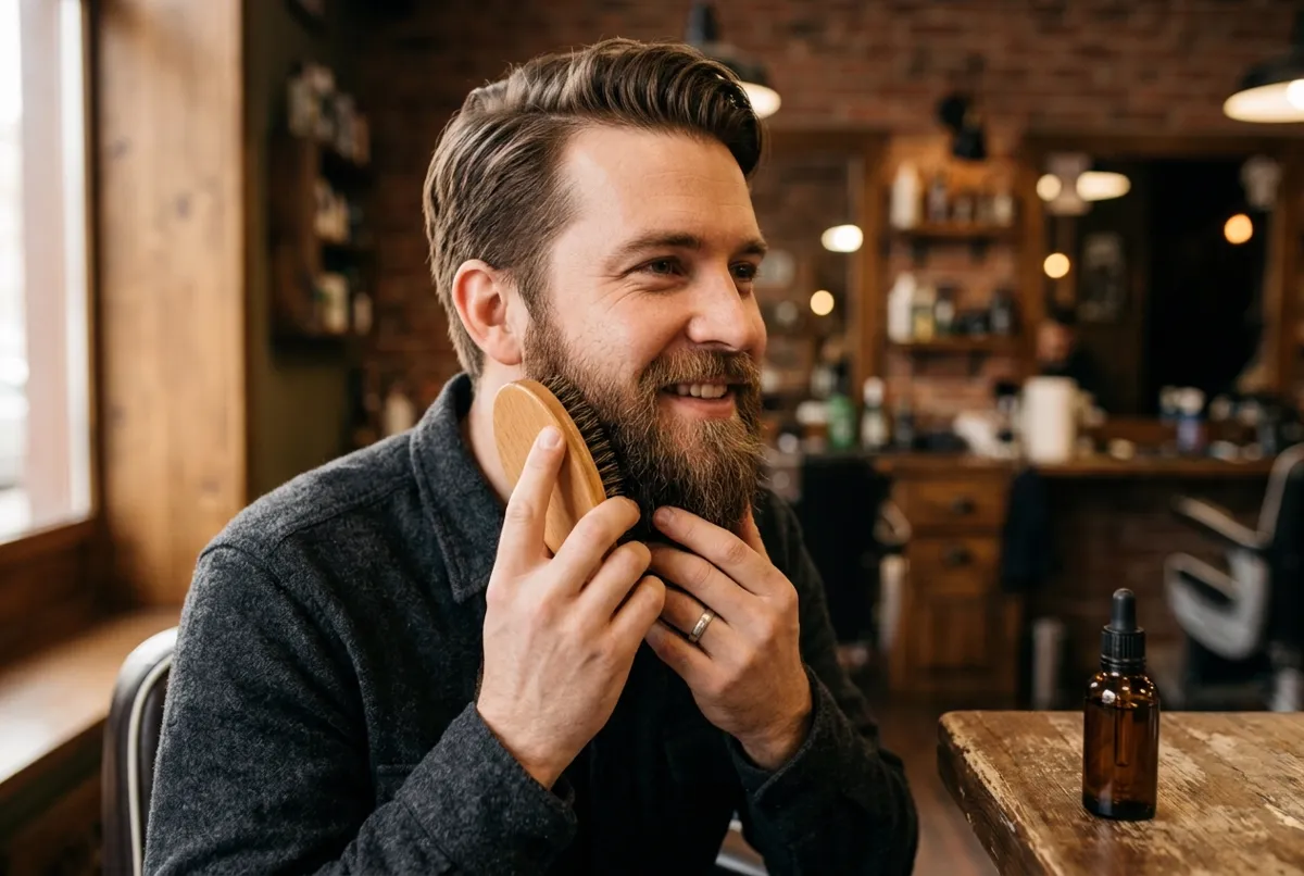 Man with a well-groomed beard being trimmed by a barber