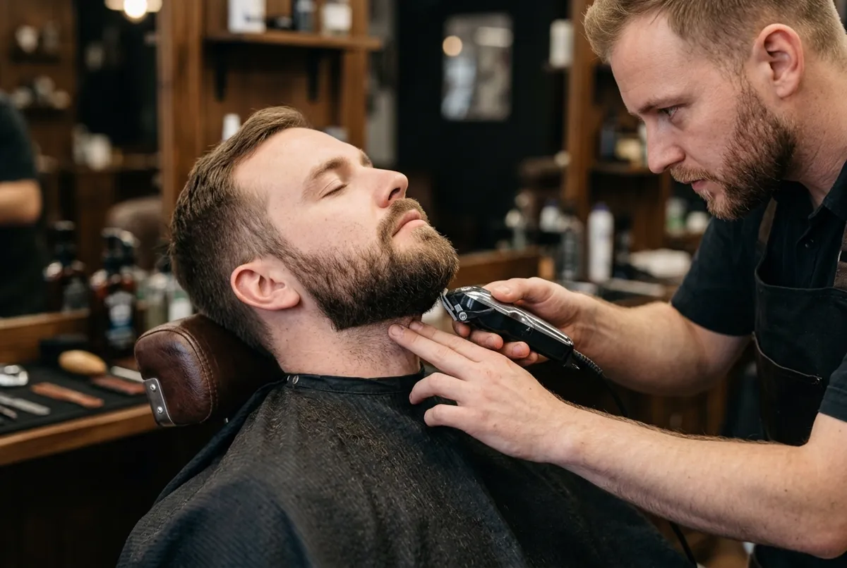 Barber trimming and lining up a client's beard with an electric trimmer