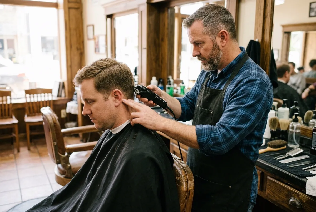 Barber using electric clippers on the sides of a client's head