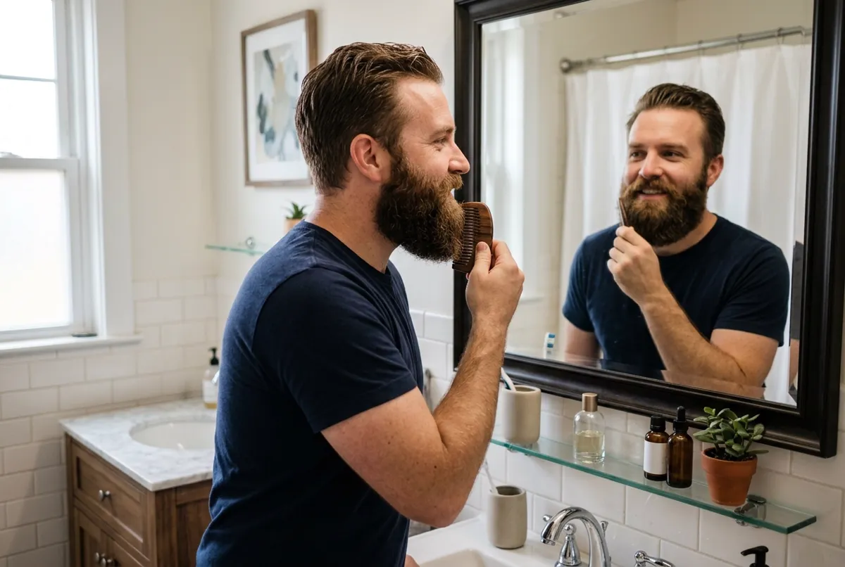 Man combing his full beard in front of a mirror
