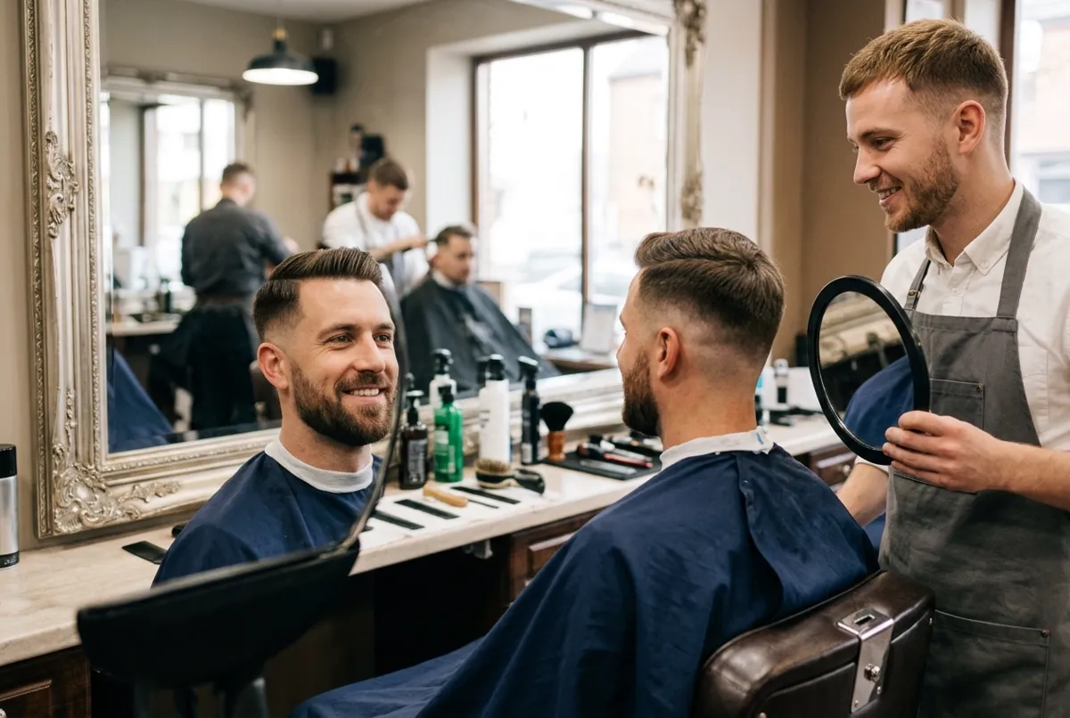 Smiling client checking his finished haircut and beard in the mirror