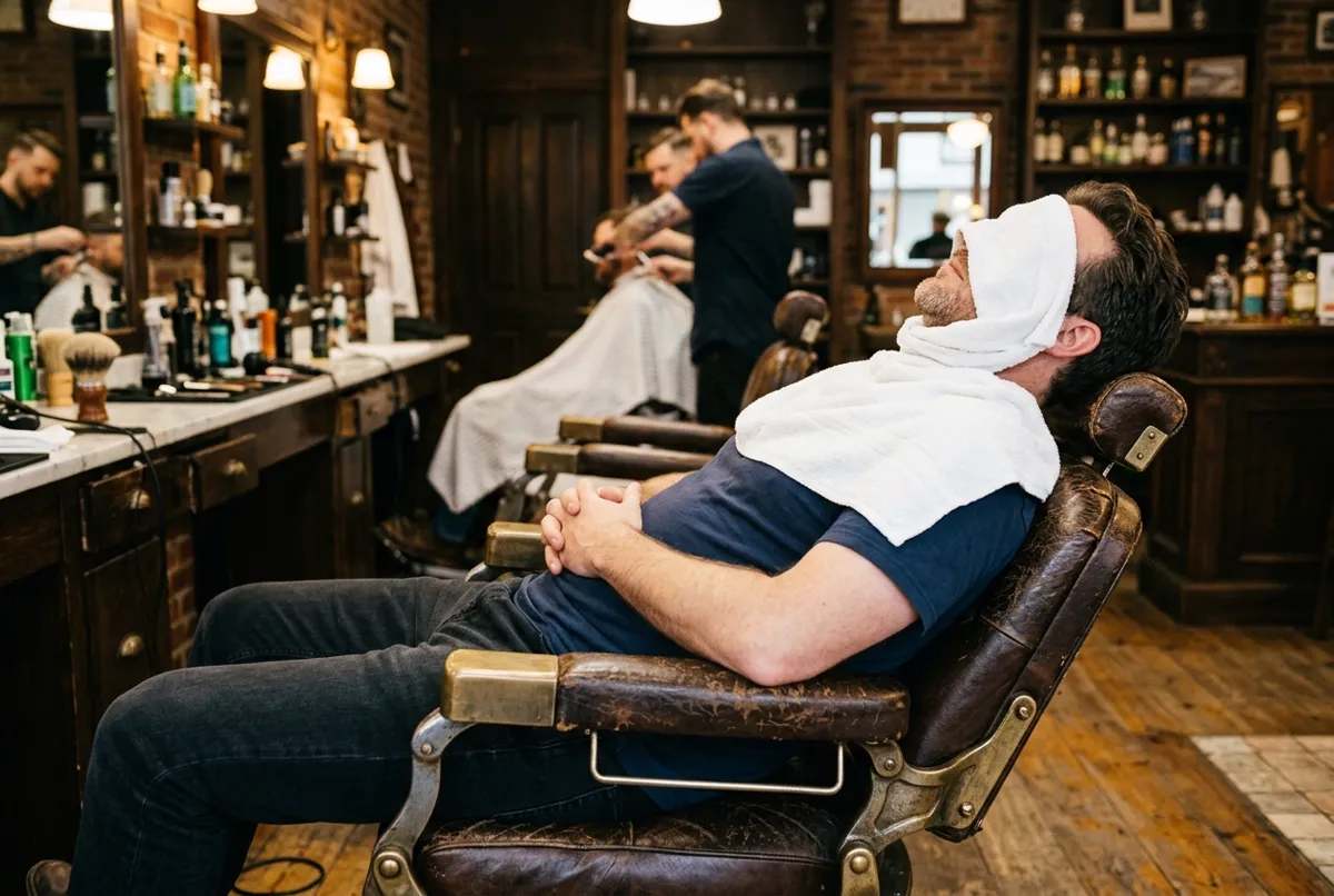 Man relaxing in a leather barber chair with a hot towel on his face