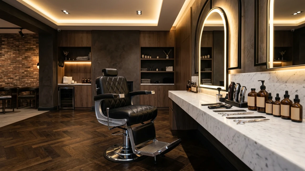 Luxury barbershop interior with black leather barber styling chair arched illuminated vanity mirror and marble counter