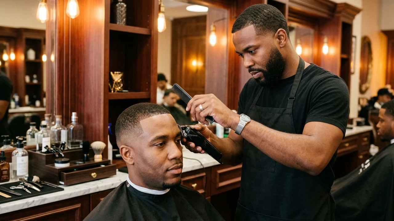 Master barber in plain black apron and t-shirt sculpting a precision skin taper fade along client hairline with professional hair clipper