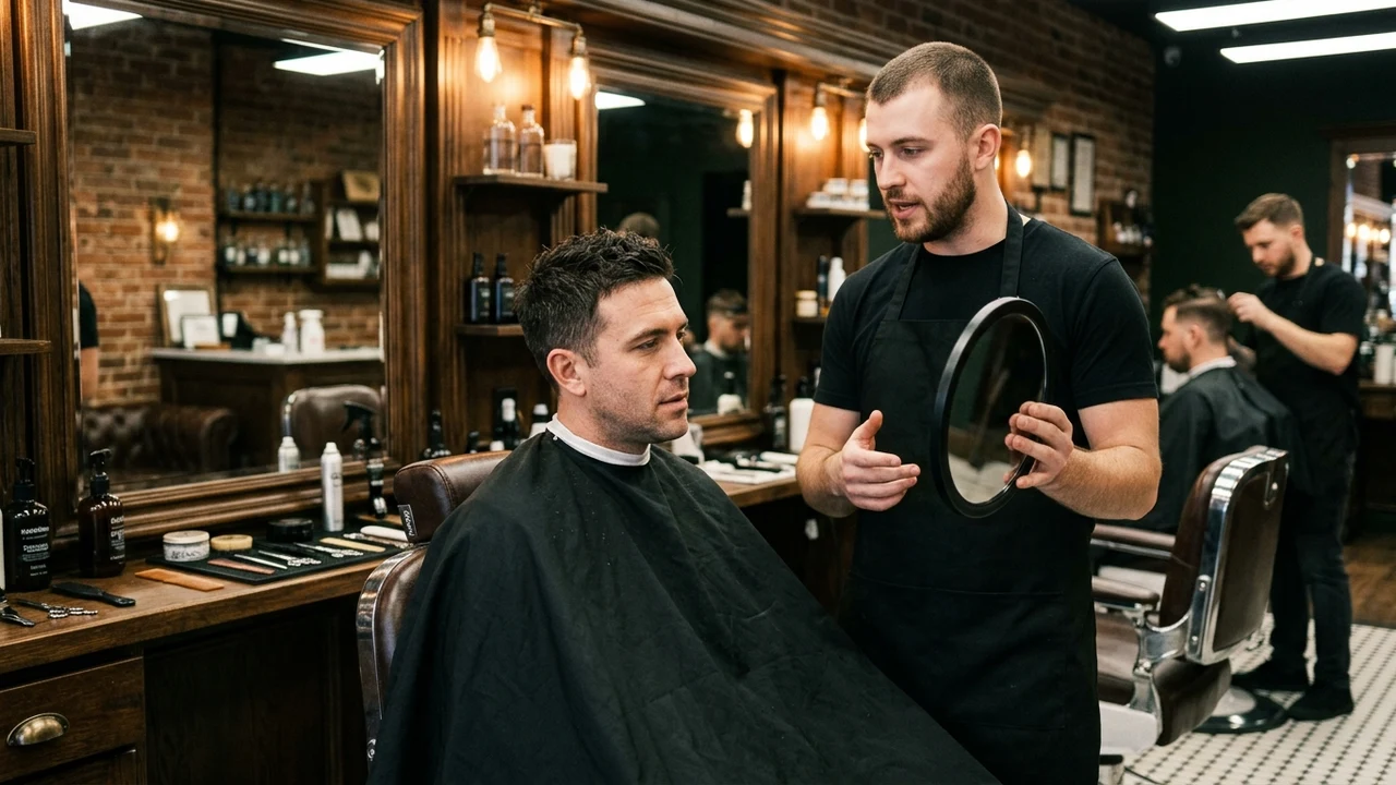Master barber in plain black apron consulting seated client with round handheld mirror in classic barbershop