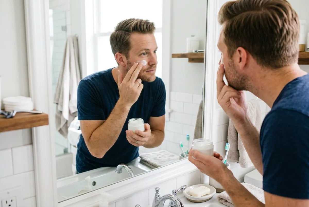Man applying moisturizer to his face in front of a bathroom mirror