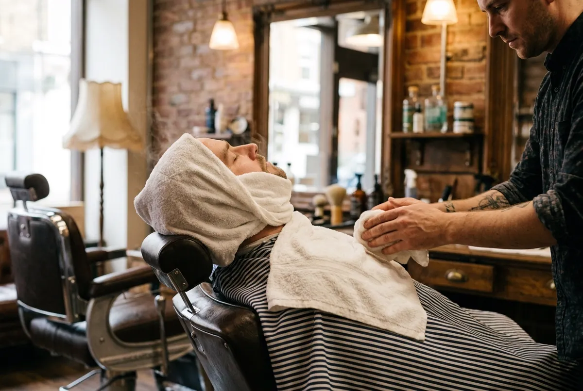 Client relaxing with a warm towel during a facial in a barbershop