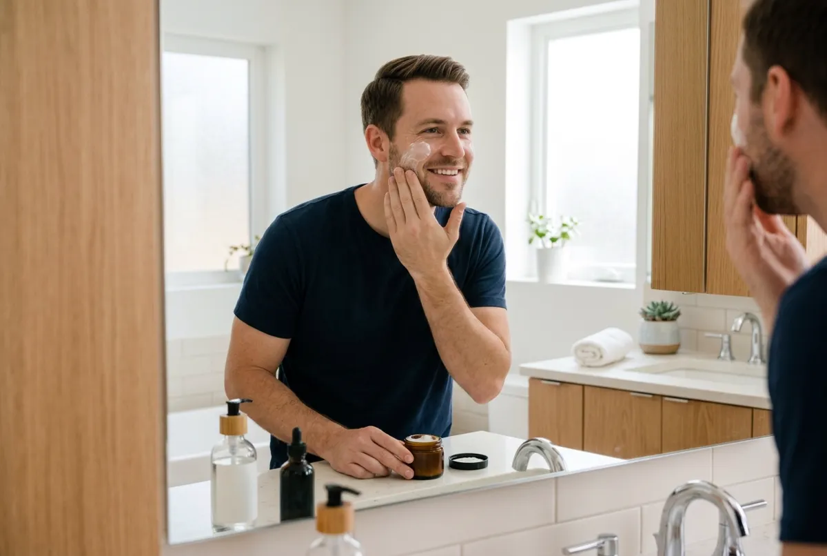 Men's skincare products arranged on a bathroom counter