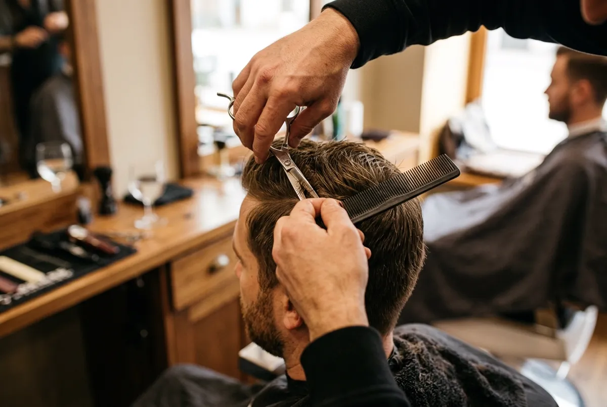 Barber cutting hair on top with scissors and a comb