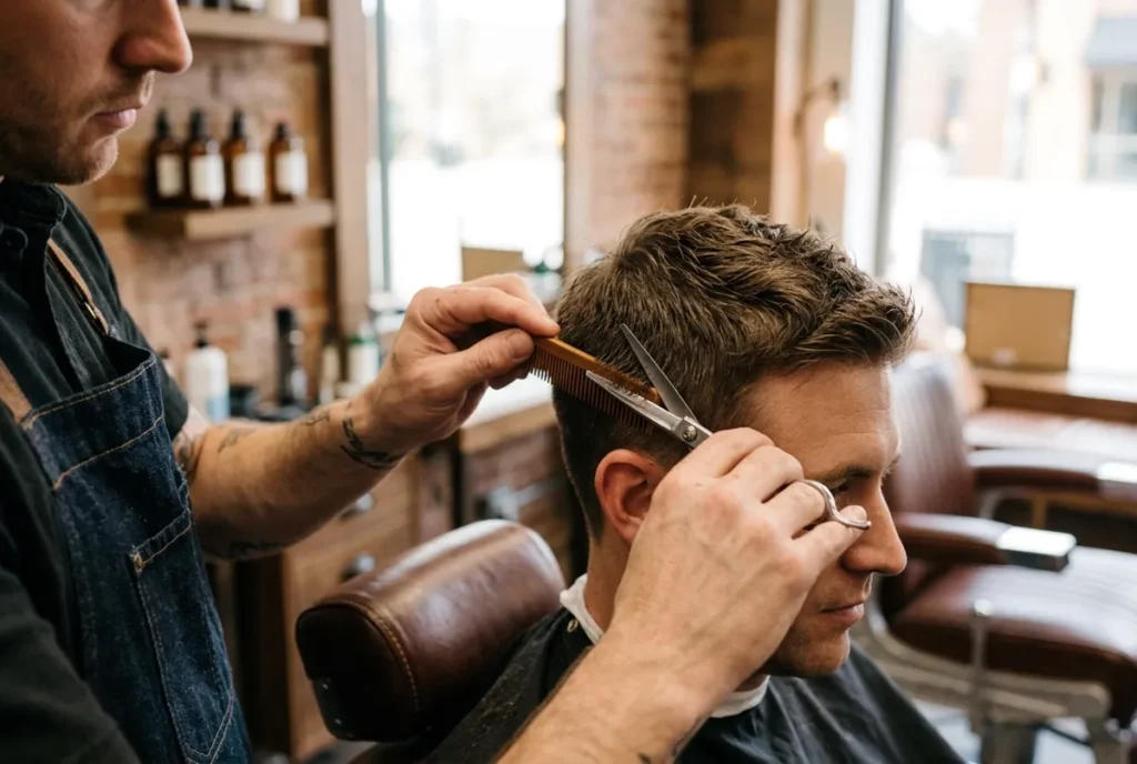 Barber cutting a client's hair with scissors and comb in an Oakville barbershop