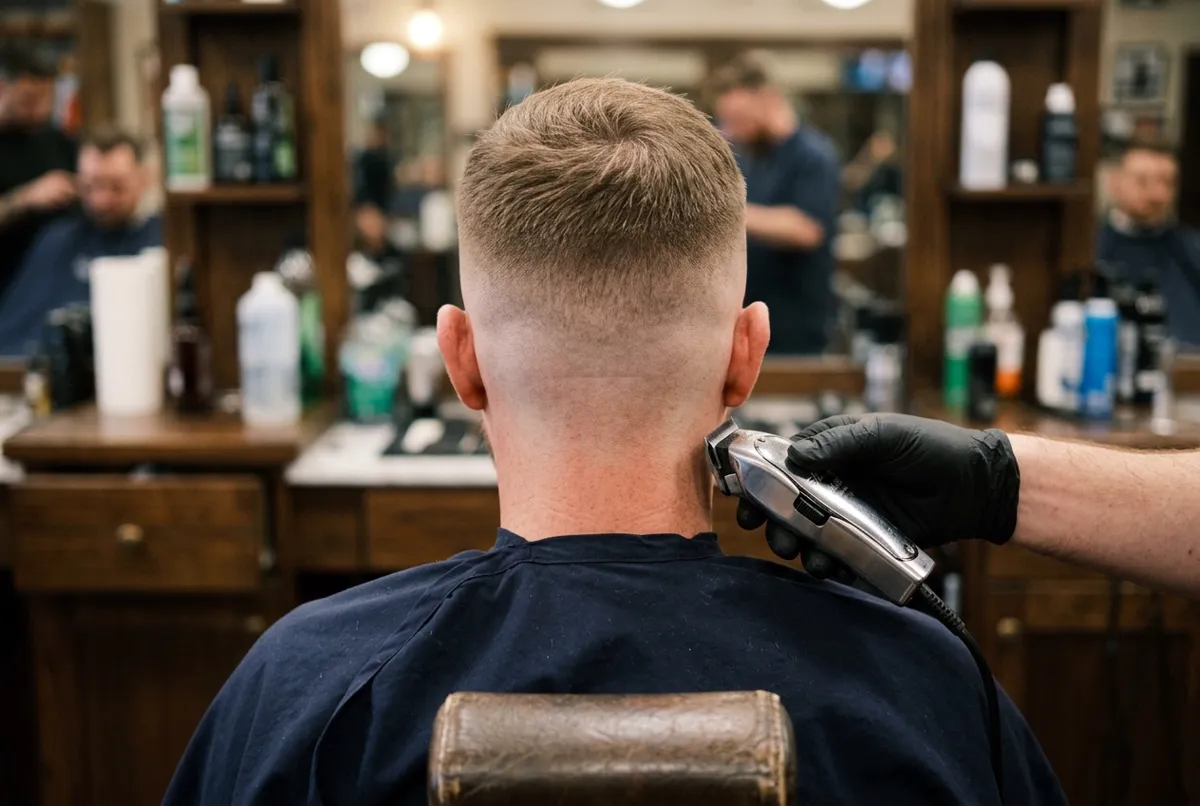 Back view of a clean skin fade haircut with a barber holding a trimmer