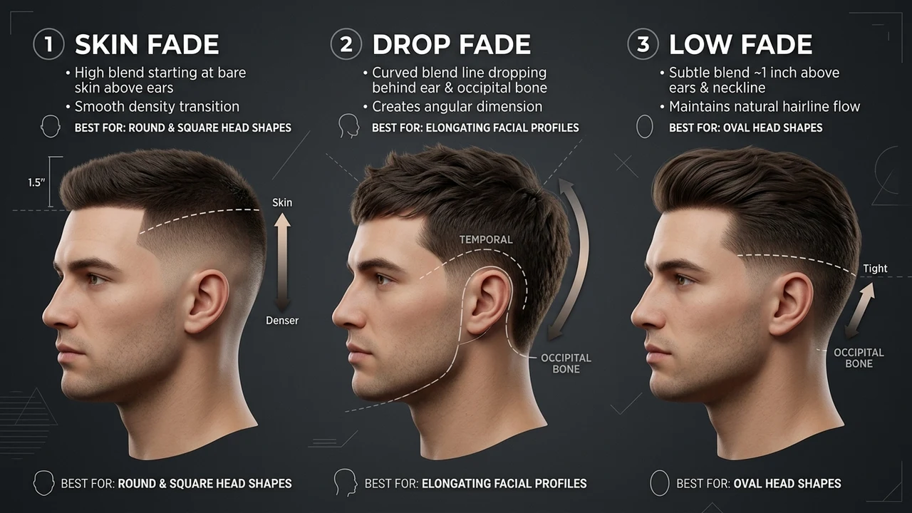 3D educational infographic diagram comparing skin fade drop fade and low fade haircut styles and matching head shapes on 3D silhouettes