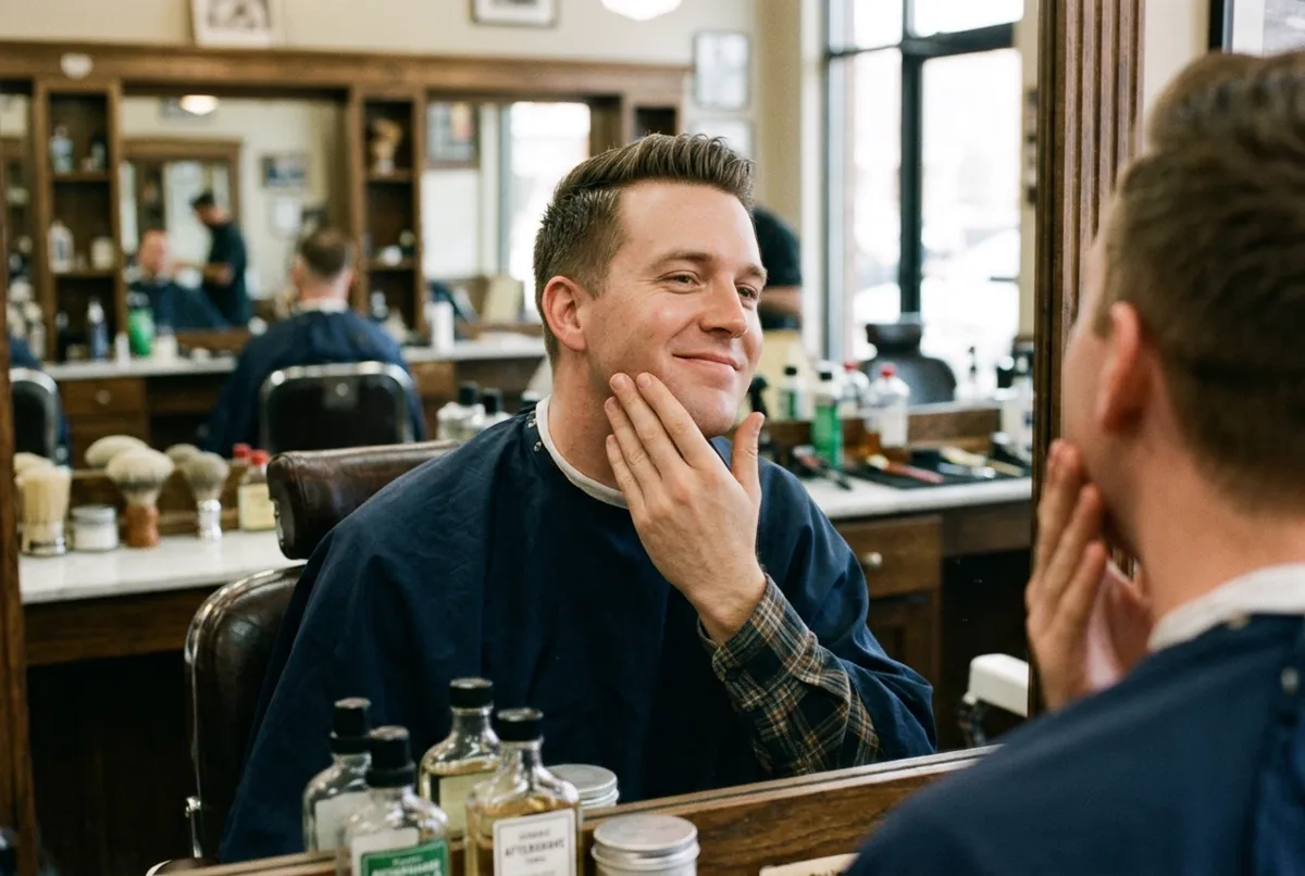 Client touching his smooth jaw after a shave in a barbershop