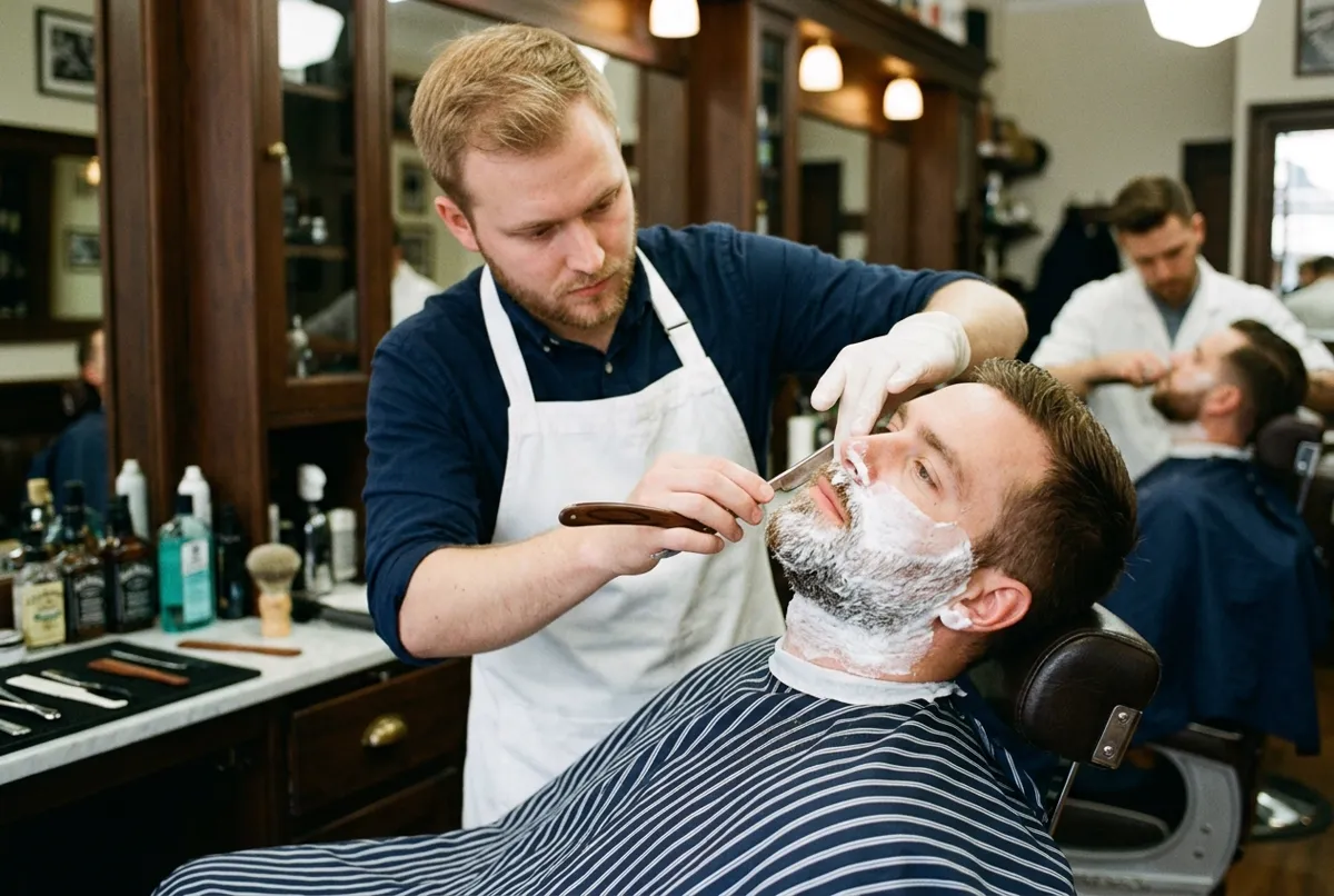 Barber giving a straight razor shave to a client covered in shaving foam