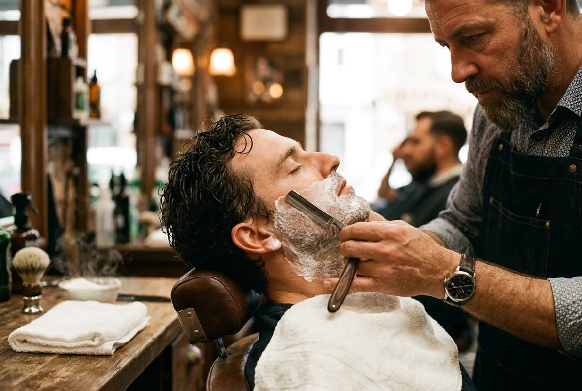 Barber giving a client a straight razor shave with a hot towel