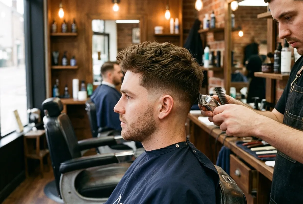 Side profile of a taper fade haircut with textured hair on top