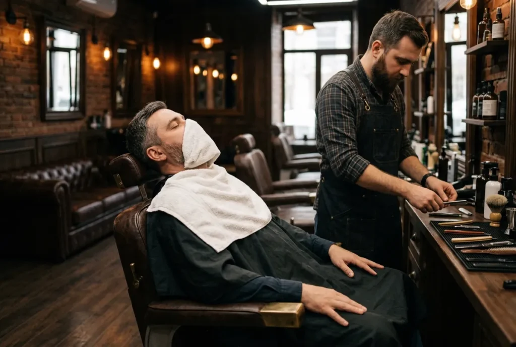 Man relaxing in a barber chair during a hot towel grooming service