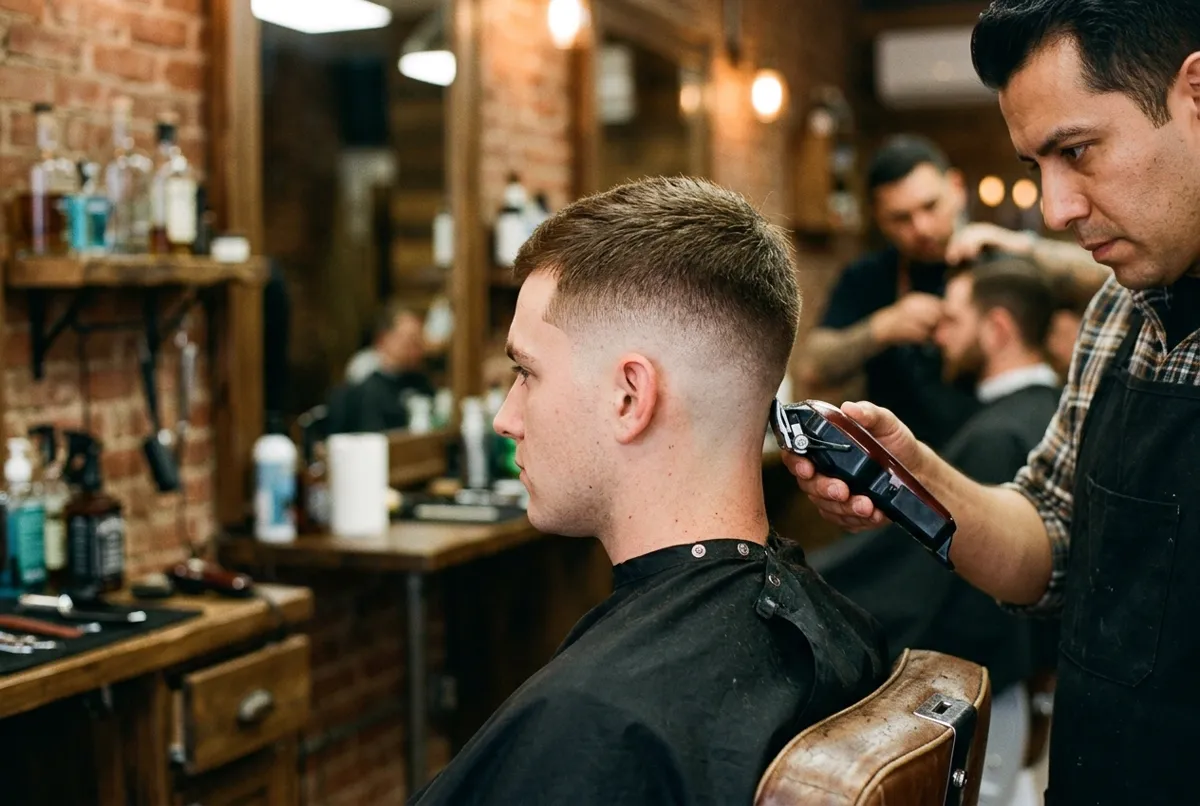 Barber blending a fade haircut on a client in a barbershop